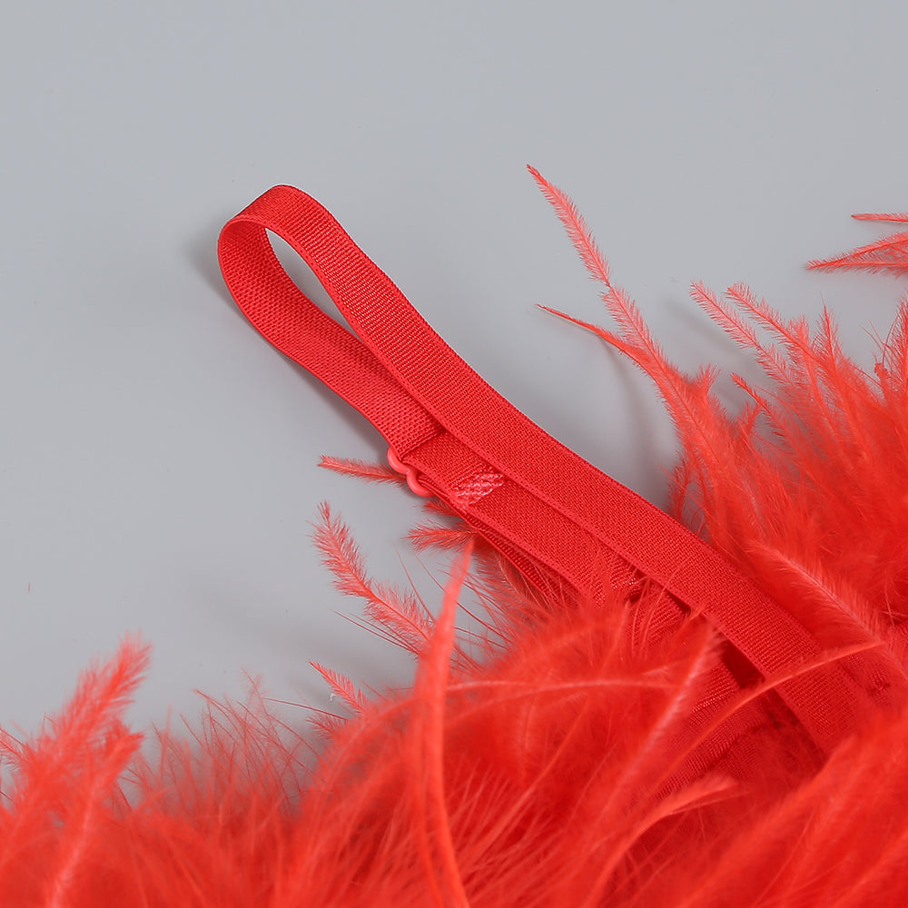 Rotes Kleid mit schulterfreiem Federeinsatz 
