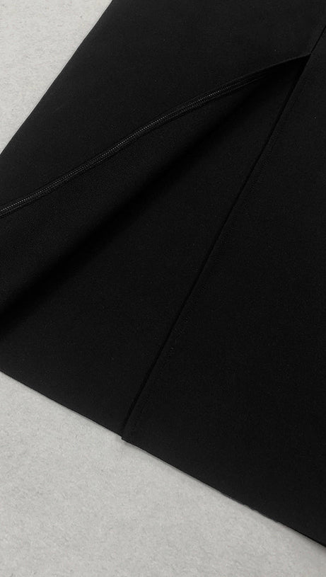 WHITE FLOWER EMBELLISHED STRAPLESS BLACK  MIDI DRESS