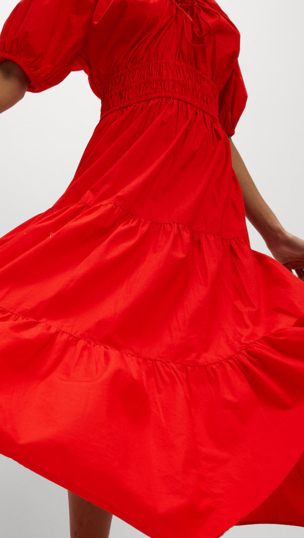 AIIZIE PURE COTTON TIE NECK MIDAXI WAISTED DRESS RED - product image
