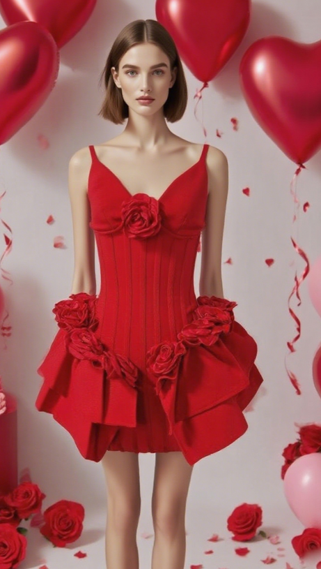 MINI ABITO MARCIA SENZA MANICHE CON PAILLETTES E FIORI IN ROSSO