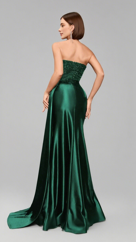SEQUIN - BODICE RUCHED SATIN MERMAID GOWN IN GREEN