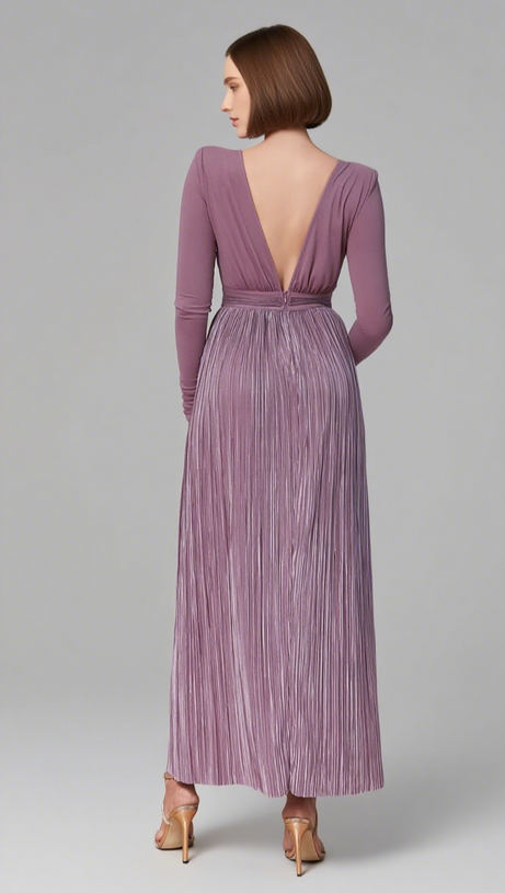 LONG - SLEEVE PLEATED - WAIST MAXI DRESS IN LILAC