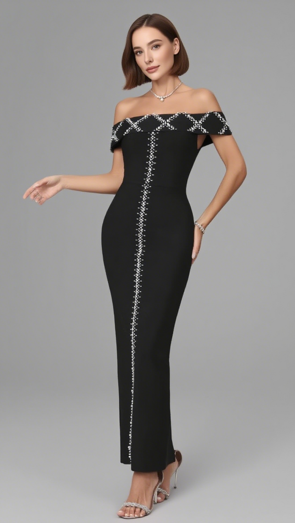 AIIZIE OFF SHOULDER RHINESTONE EMBELLISHED MIDI DRESS IN BLACK - product image