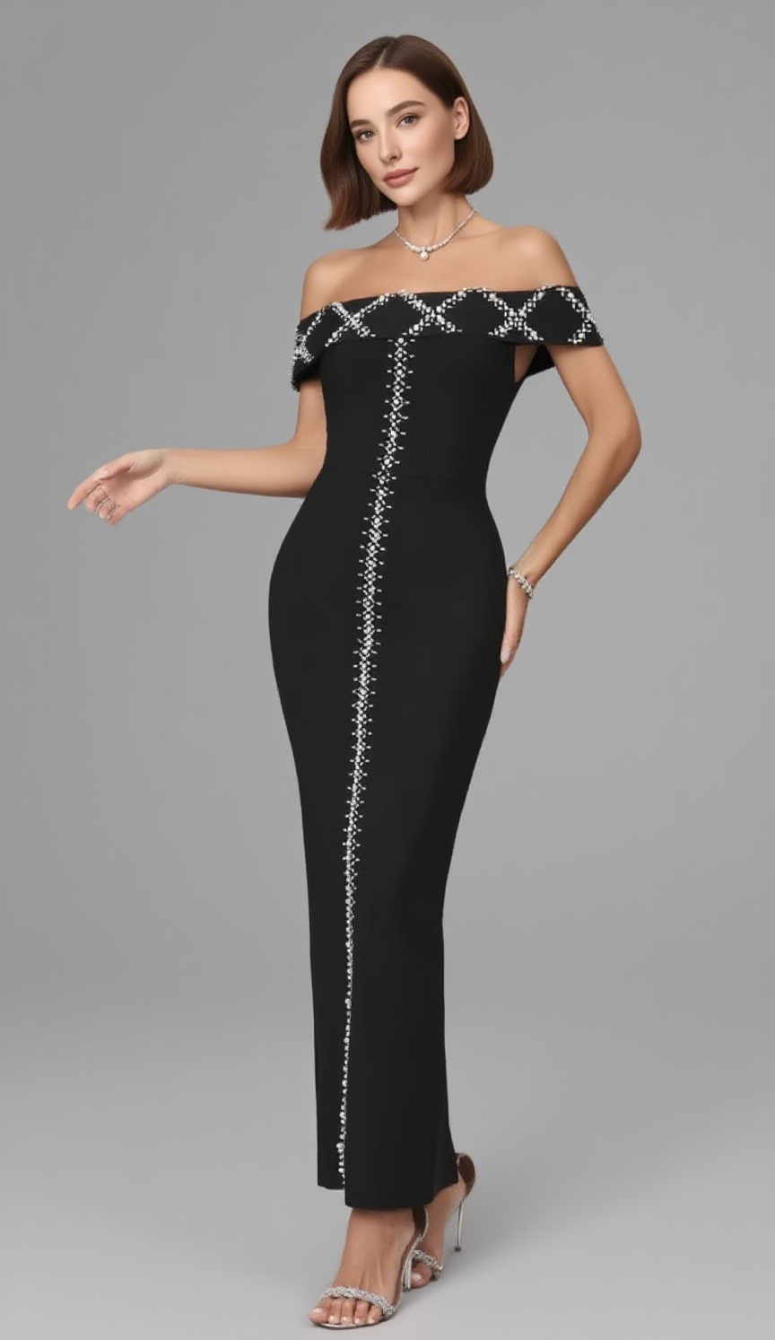 OFF SHOULDER RHINESTONE EMBELLISHED MIDI DRESS IN BLACK