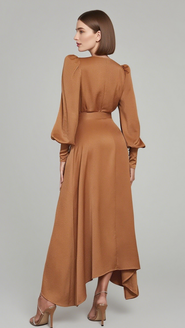 AIIZIE WRAP - V NECK BELTED PUFF - SLEEVE MIDI DRESS IN BROWN - product image