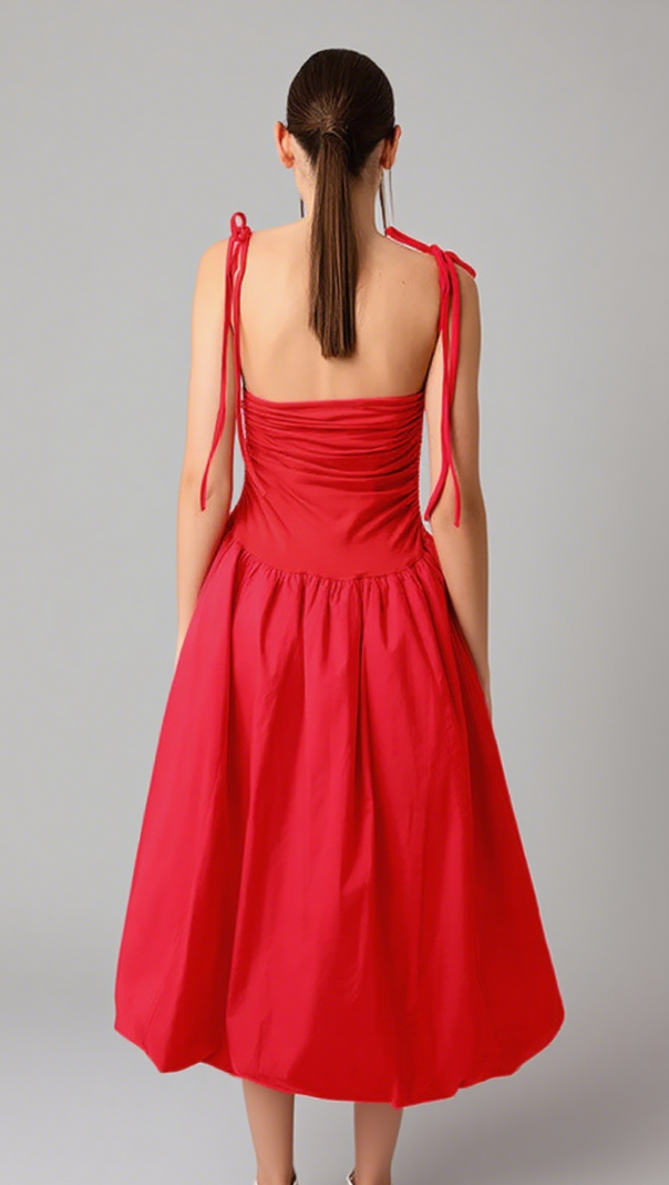 AIIZIE HALTER NECK RUCHED FLOWY MIDI DRESS IN RED - product image