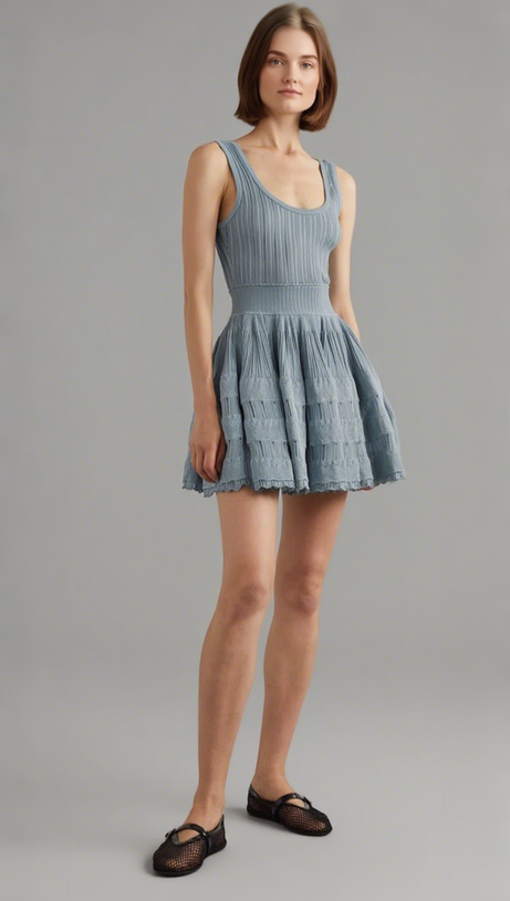 RIBBED POINTELLE KNIT MINI DRESS IN BLUE