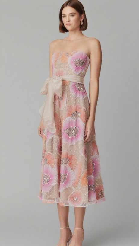 STRAPLESS FLOWER SEQUIN EMBELLISHED MIDI DRESS
