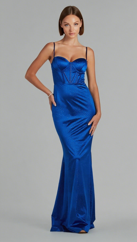 JAIDEN BUSTIER RHINESTONE SATIN FORMAL DRESS