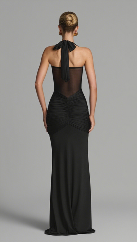 HALTER NECK TWIST CUTOUT RUCHED MAXI DRESS IN BLACK