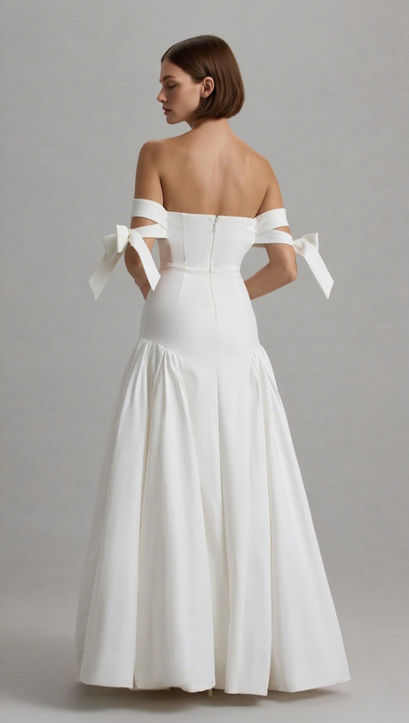 ETHEL | WHITE & CREAM BARDOT MAXI DRESS WITH VOLUME SKIRT