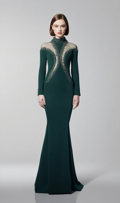 Mock Neck Beaded Mermaid Maxi Dress in Dark Green