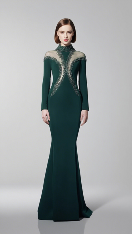 MOCK NECK BEADED MERMAID MAXI DRESS IN DARK GREEN