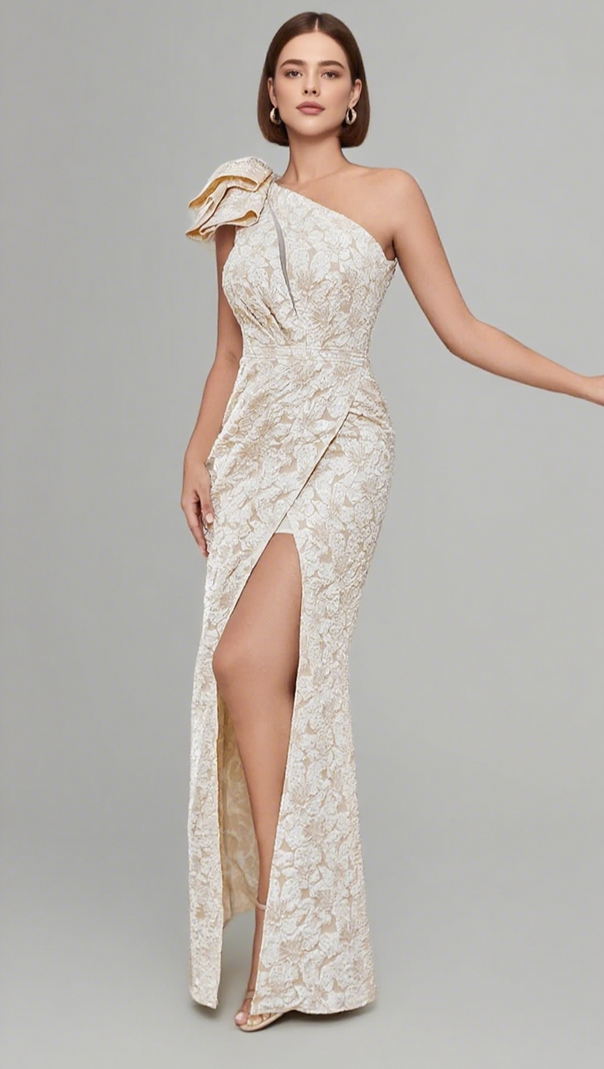 AIIZIE ONE - SHOULDER RUFFLE - DETAIL MIDI DRESS IN BEIGE BROCADE - product image