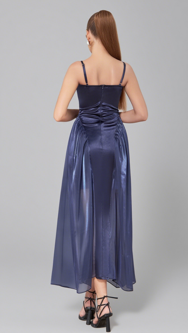 AIIZIE SATIN BOW - FRONT SHEER - SKIRT MIDI DRESS IN NAVY BLUE - product image