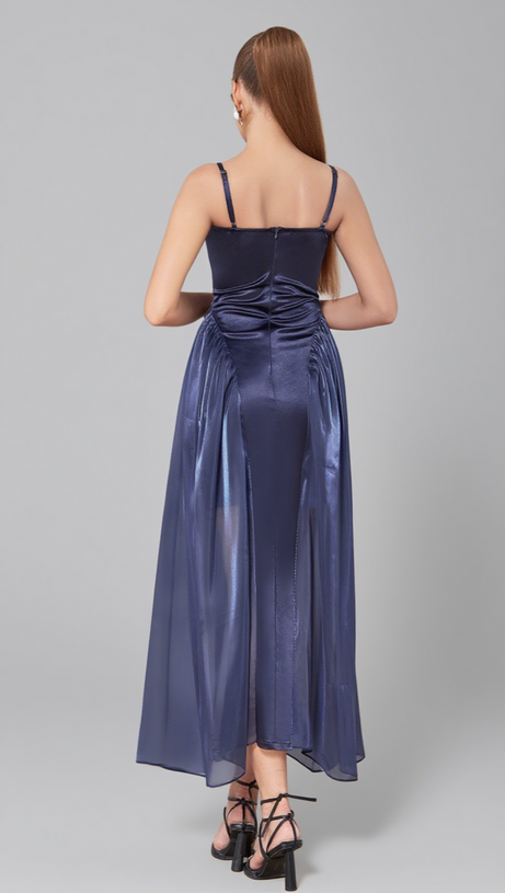 SATIN BOW - FRONT SHEER - SKIRT MIDI DRESS IN NAVY BLUE