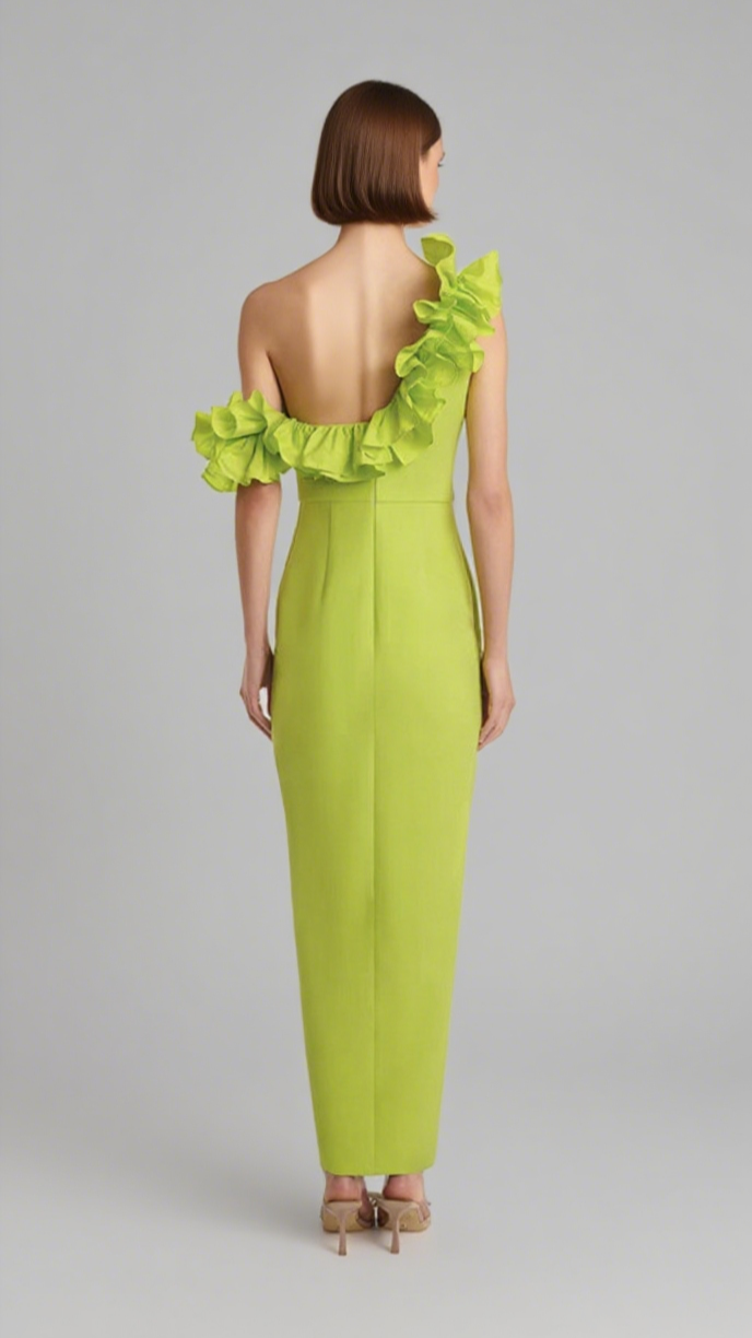 Gelbes Midikleid mit One-Shoulder-Träger, Rüschenbesatz und Schlitz