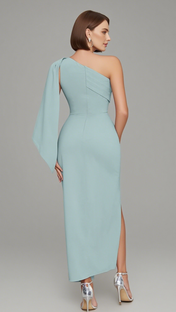 AIIZIE ONE - SHOULDER RUCHED SLIT MIDI DRESS IN BLUE - product image