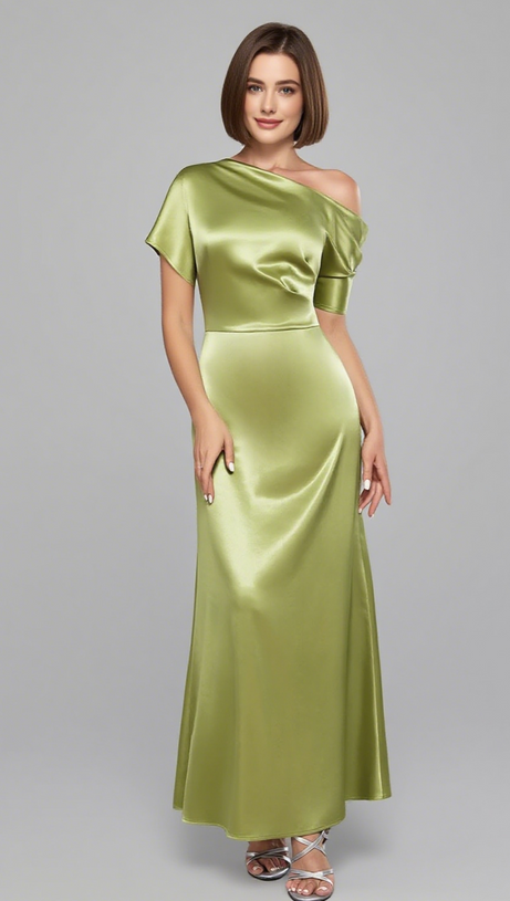 SATIN ONE - SHOULDER MIDI DRESS IN LIME GREEN