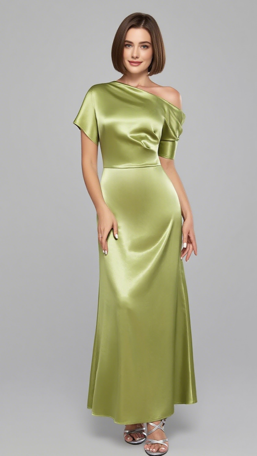 SATIN ONE - SHOULDER MIDI DRESS IN LIME GREEN
