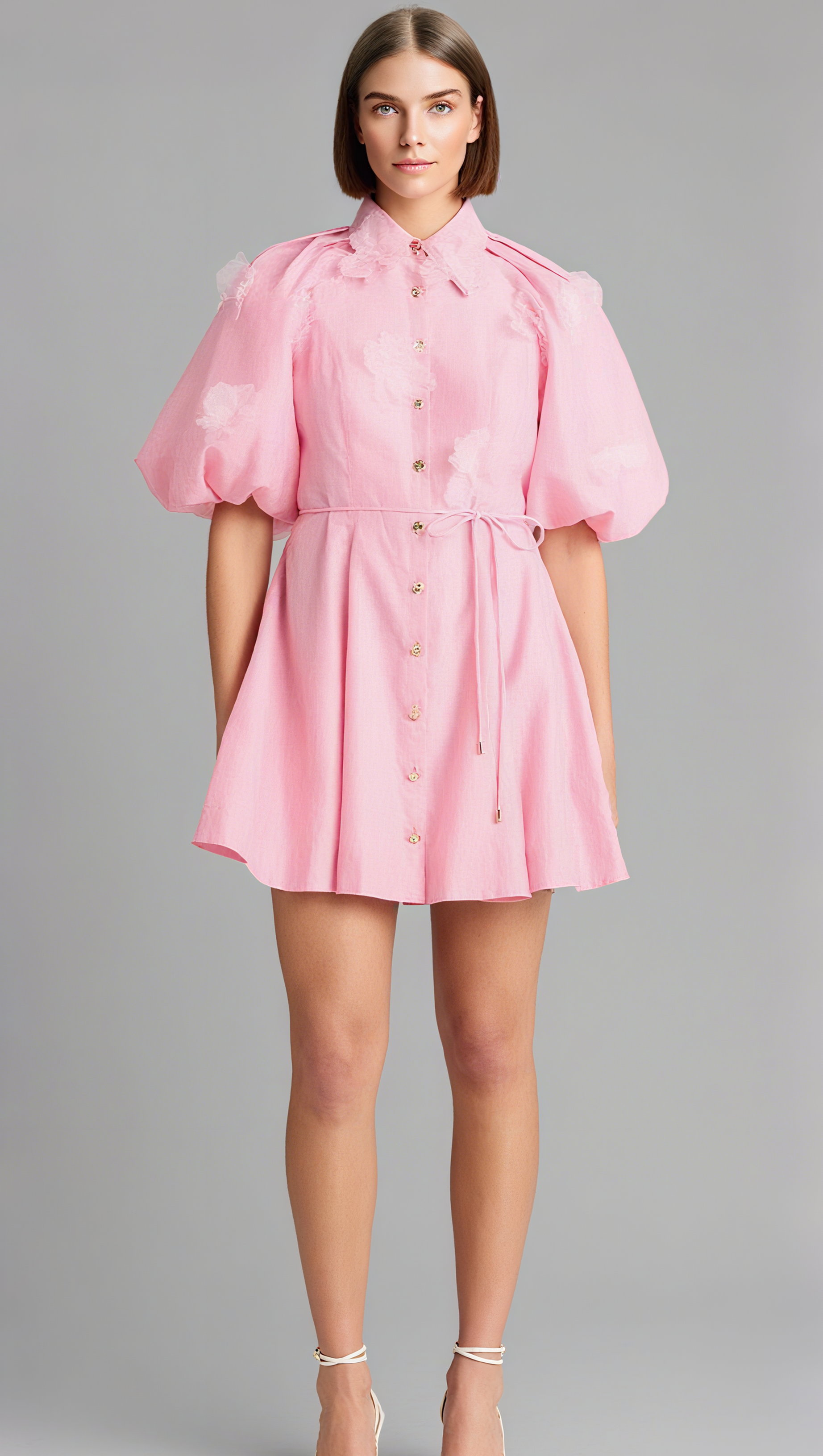 ELVIRA 3D-PETAL BELTED MINI SHIRT DRESS IN PINK