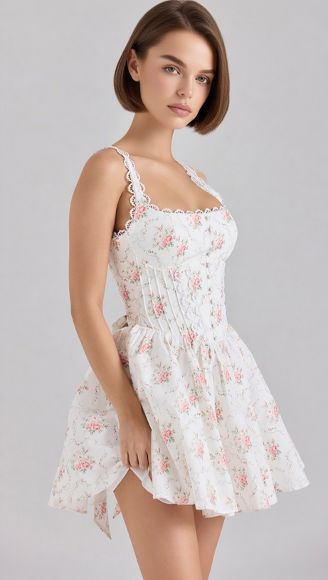 ROSE PRINT STRETCH COTTON LACE STRAP MINI DRESS