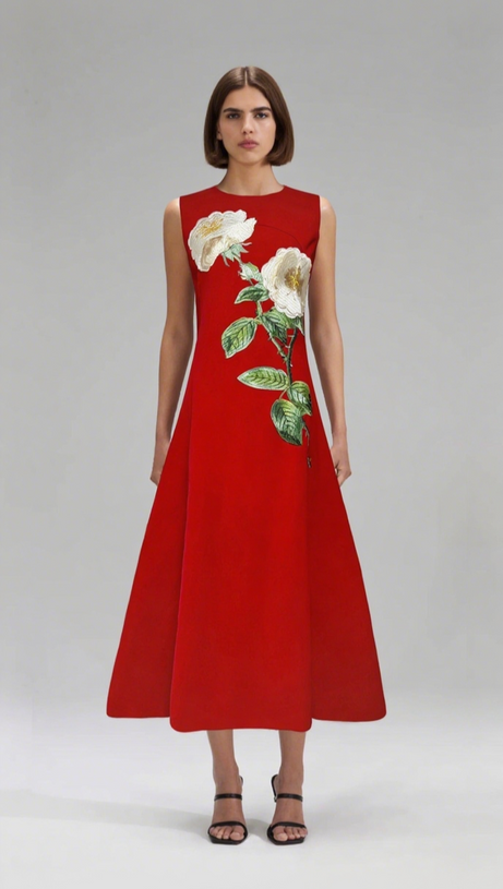 KATE FLORAL PRINT EMBELLISHED SLEEVELESS MIDI DRESS IN BLACK