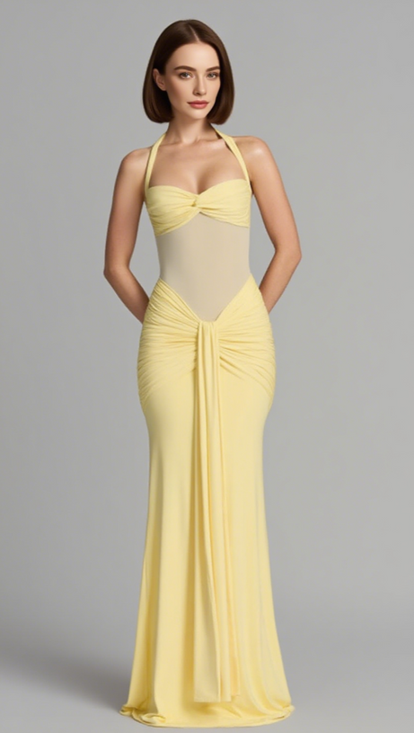 HALTER NECK TWIST CUTOUT RUCHED MAXI DRESS IN YELLOW