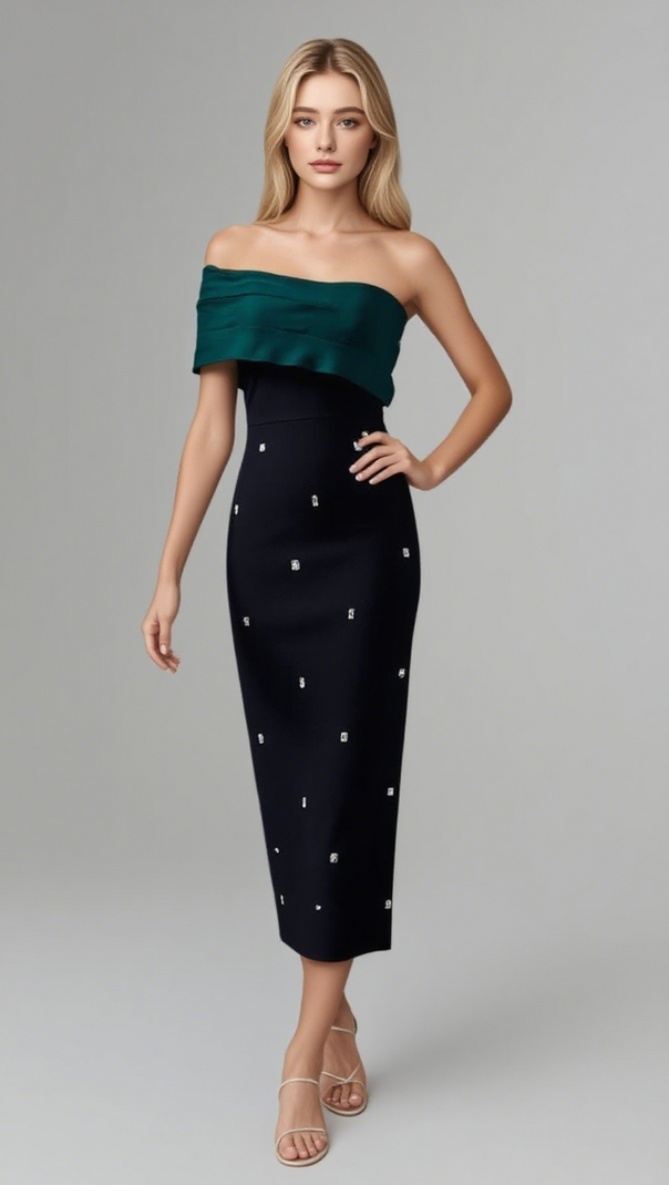 AIIZIE OFF SHOULDER RHINESTONE EMBELLISHED MIDI DRESS IN GREEN - product image