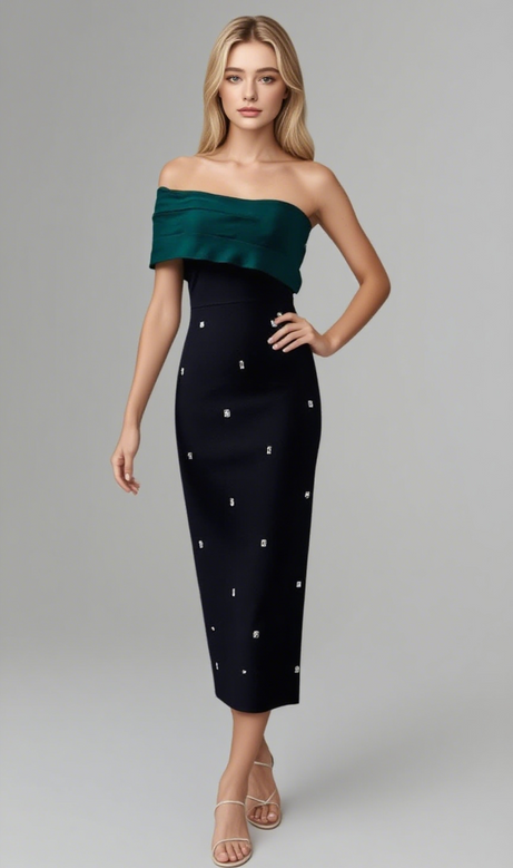 Abito midi con spalle scoperte e strass verde
