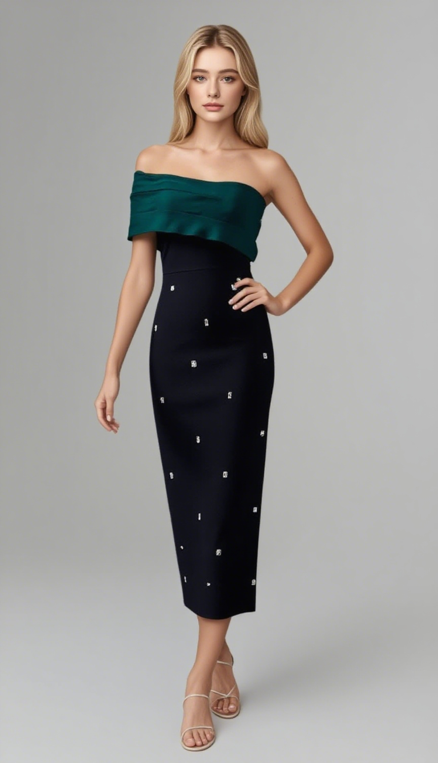 ABITO MIDI CON SPALLE SCOPERTE E STRASS, VERDE