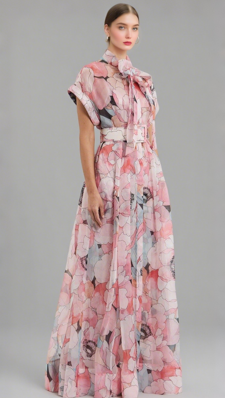 FLORAL PRINT SILK ORGANZA MAXI DRESS IN PINK-MULTI