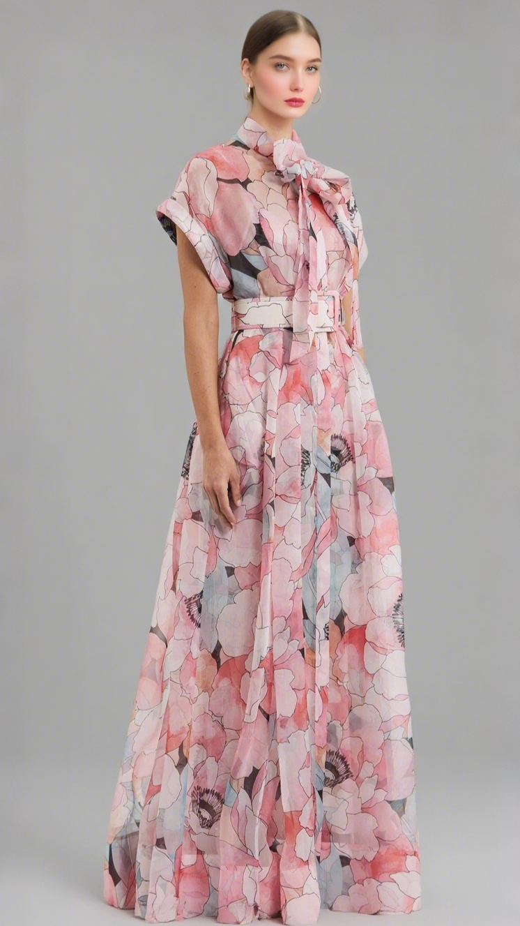 FLORAL PRINT SILK ORGANZA MAXI DRESS IN PINK-MULTI