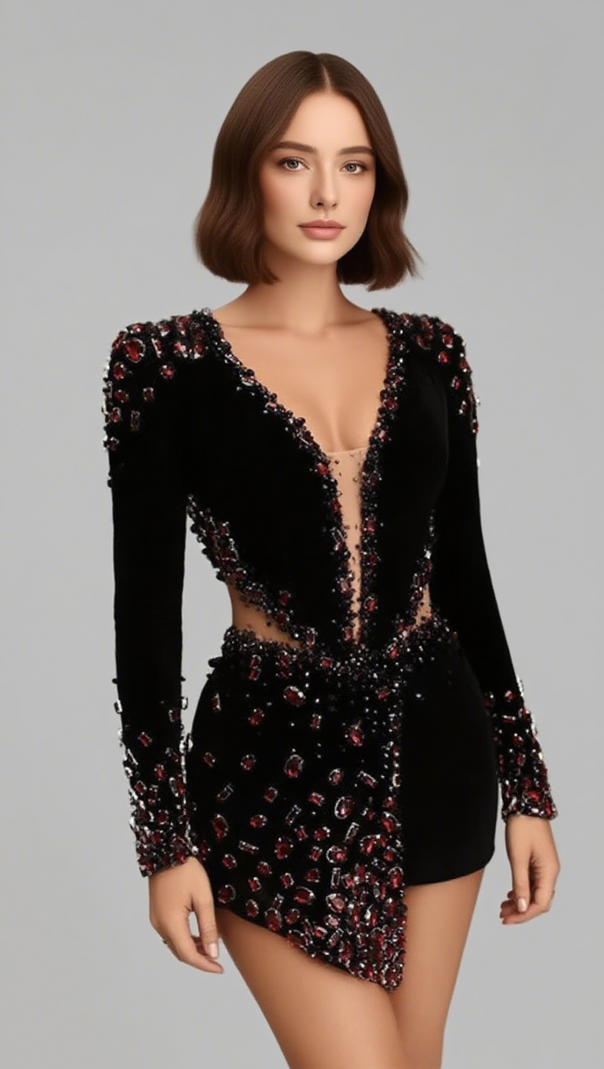 AIIZIE PLUNGE NECK RED RHINESTONE EMBELLISHED CUTOUT MINI DRESS IN BLACK - product image