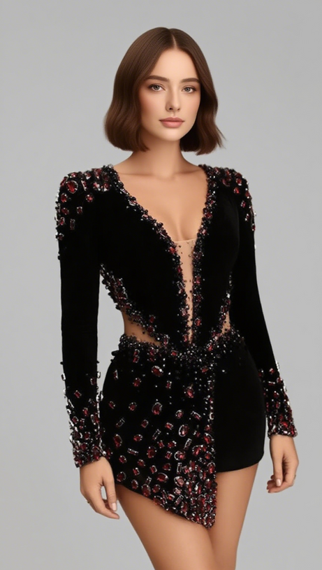 MINI ABITO NERO CON SCOLLO PROFONDO E STRASS ROSSI