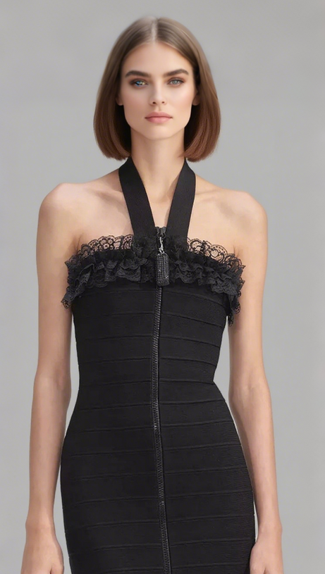 Strick-Midikleid mit Reißverschluss und Rüschen in Schwarz