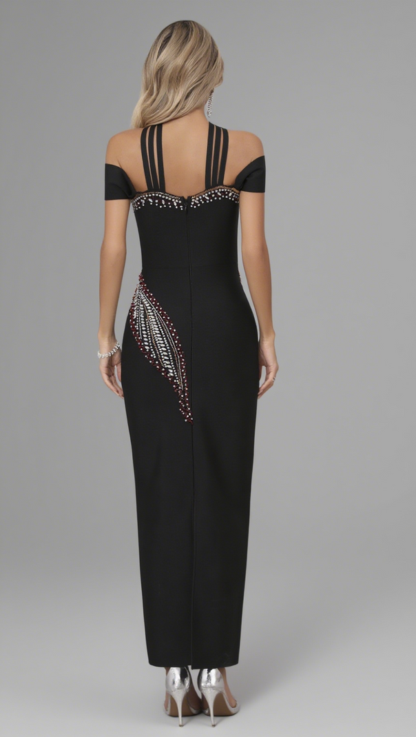 AIIZIE OFF SHOULDER CRISSCROSS RHINESTONE EMBELLISHED MIDI DRESS IN BLACK - product image