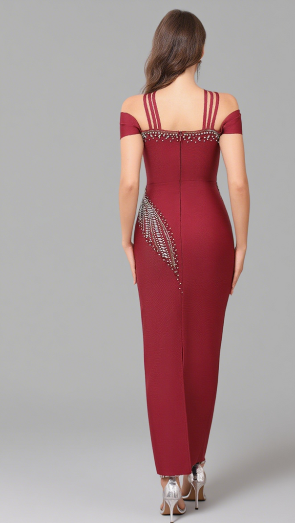 AIIZIE OFF SHOULDER CRISSCROSS RHINESTONE EMBELLISHED MIDI DRESS IN BURGUNDY - product image