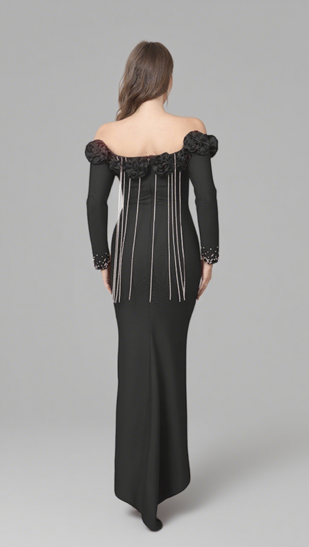 AIIZIE OFF SHOULDER FLORAL TRIM RHINESTONE - EMBELLISHED GOWN IN BLACK - product image
