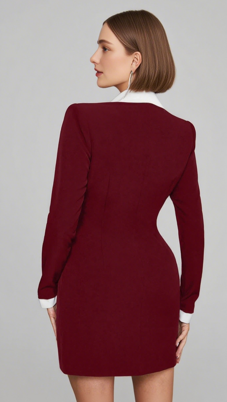 WHITE - TRIM DOUBLE - BREASTED BLAZER DRESS IN BURGUNDY