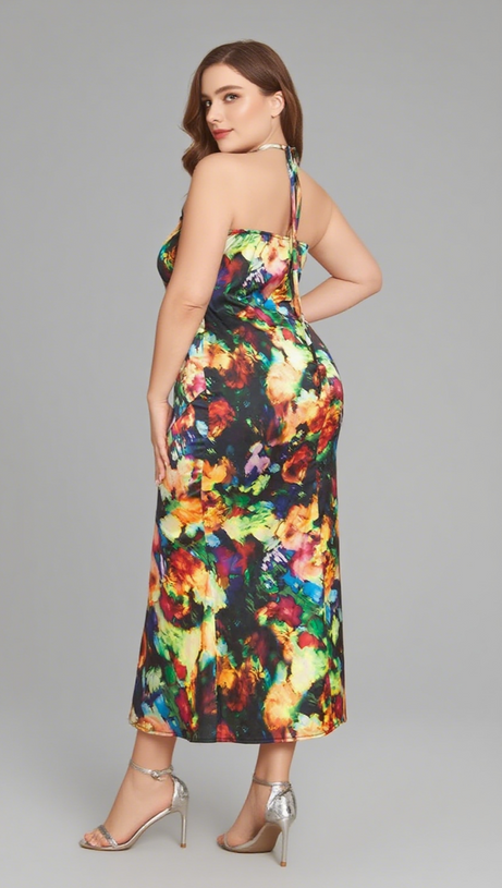 COLORFUL FLORAL HALTER NECK RUFFLED MIDI DRESS