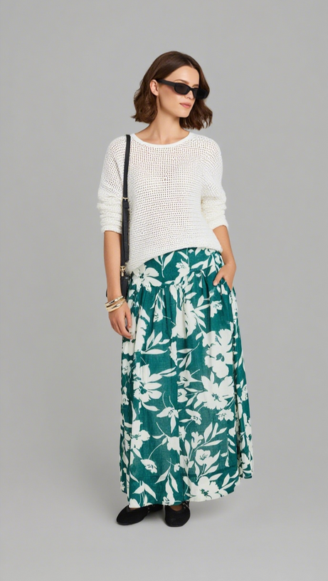 AFFINITY FOREST FLORAL SHIRRED BACK TIERED MAXI SKIRT