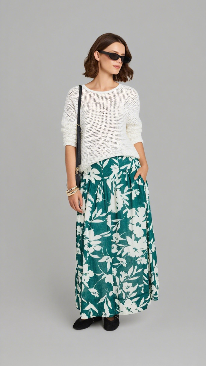 AFFINITY FOREST FLORAL SHIRRED BACK TIERED MAXI SKIRT