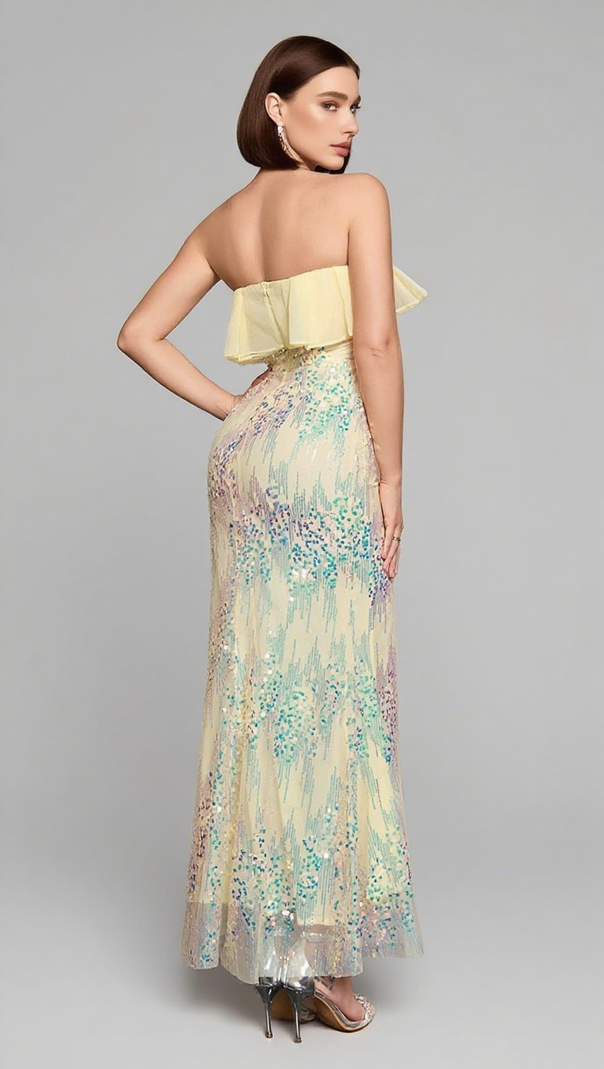 AIIZIE SEQUIN RUFFLE - NECK OFF - SHOULDER MERMAID GOWN IN YELLOW - product image