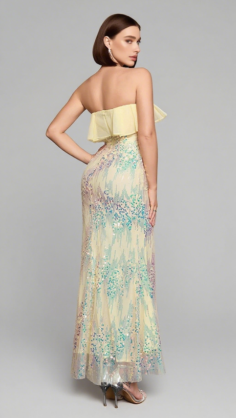 SEQUIN RUFFLE - NECK OFF - SHOULDER MERMAID GOWN IN YELLOW