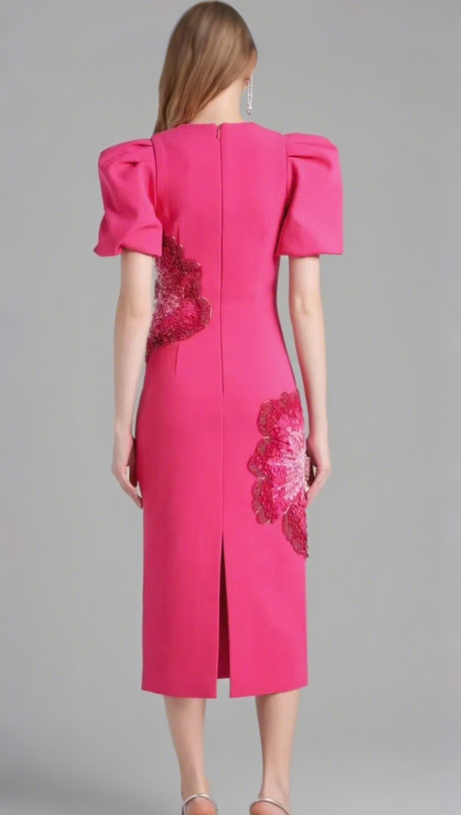 SEQUIN FLOWER EMBELLISHED PUFF SLEEVE MIDI DRESS IN PINK