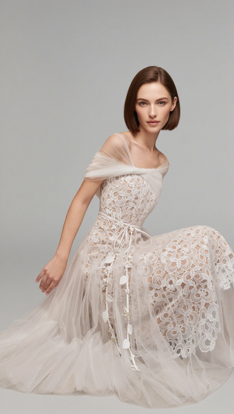 ABITO MIDI IN PIZZO ARRICCIATO CON GOCCE MIUA IN BIANCO