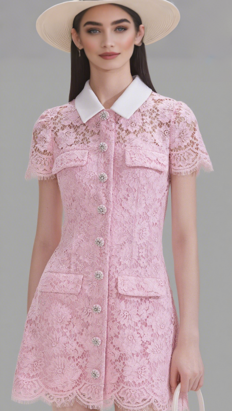 PINK LACE COLLARED MINI DRESS