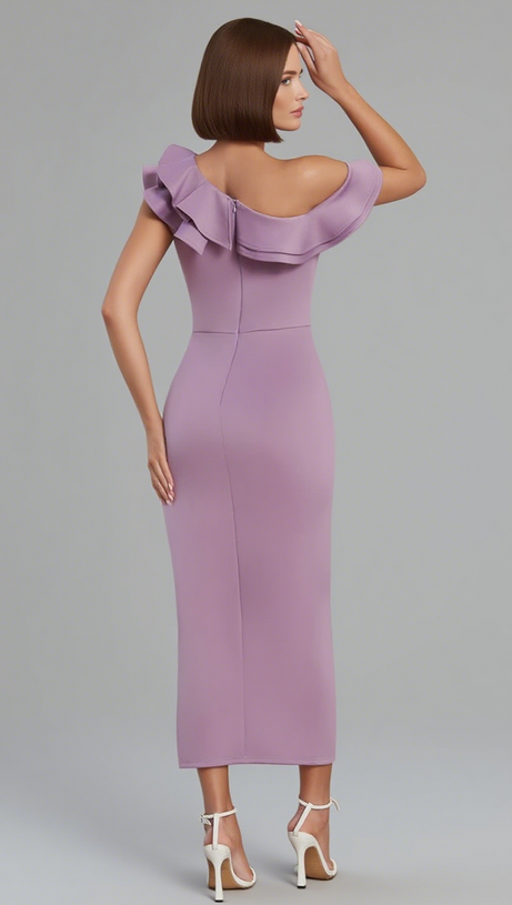 ONE - SHOULDER RUFFLED SLIT MIDI DRESS IN LILAC