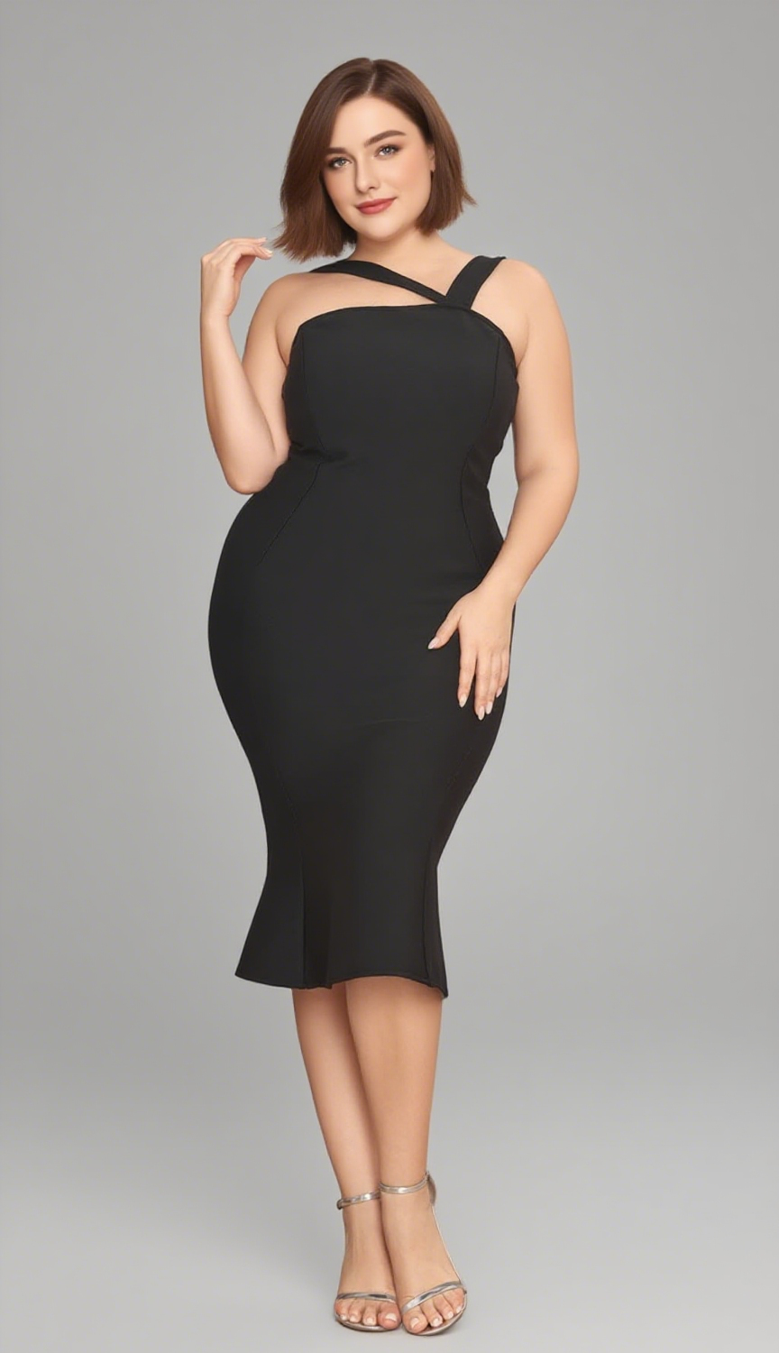 Asymmetrisches Midikleid mit Schleifendetail und Trägern in Schwarz